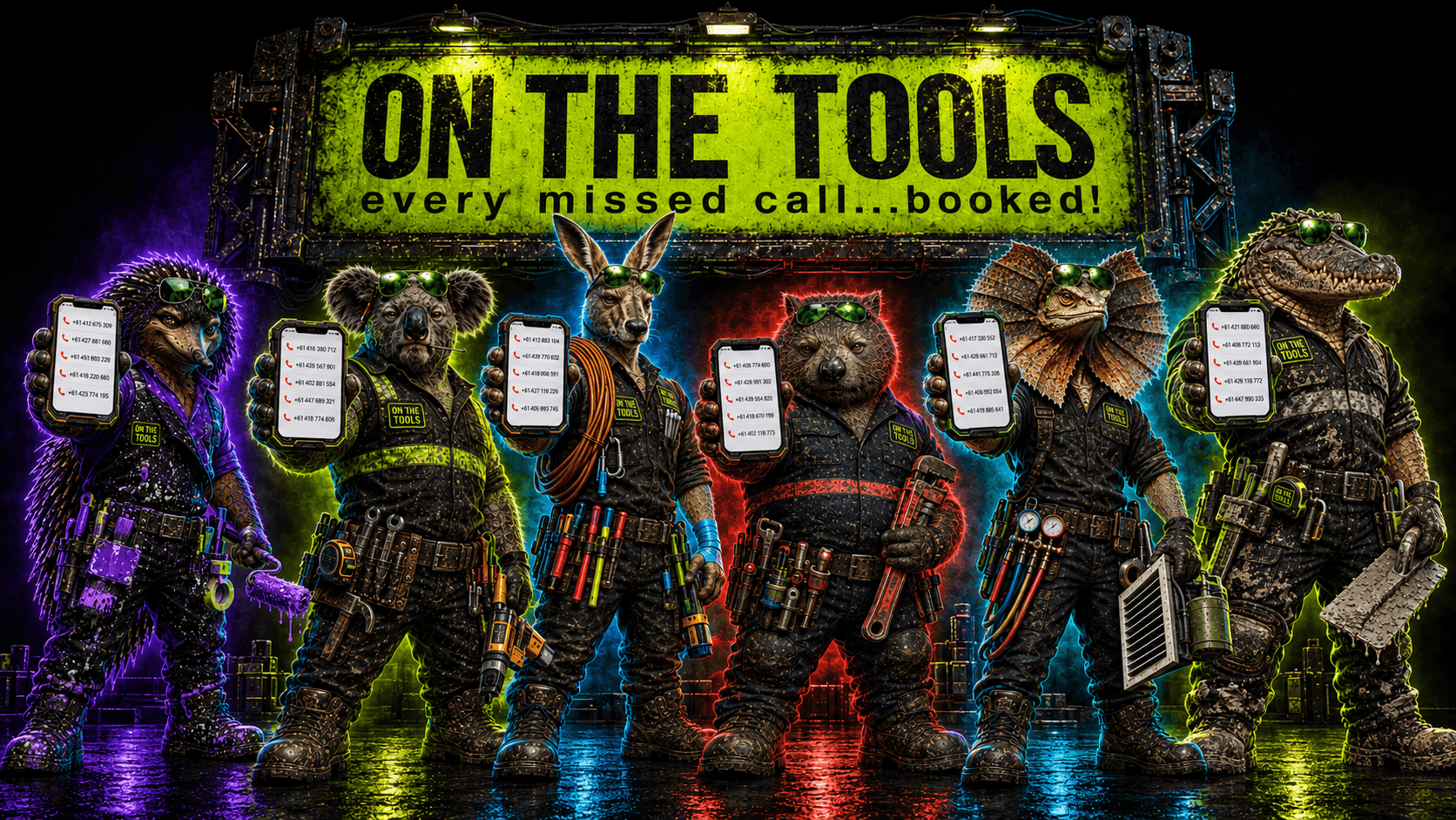 The On The Tools trade crew with phones