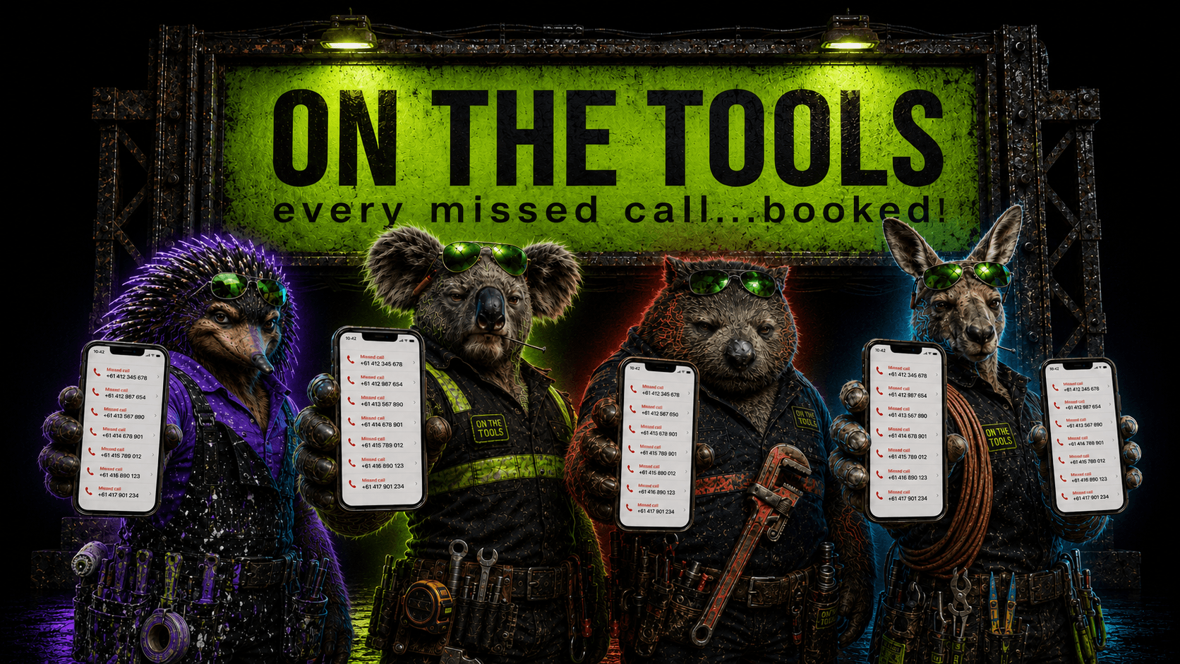 Every On The Tools trade mascot holding a phone, ready for a missed call
