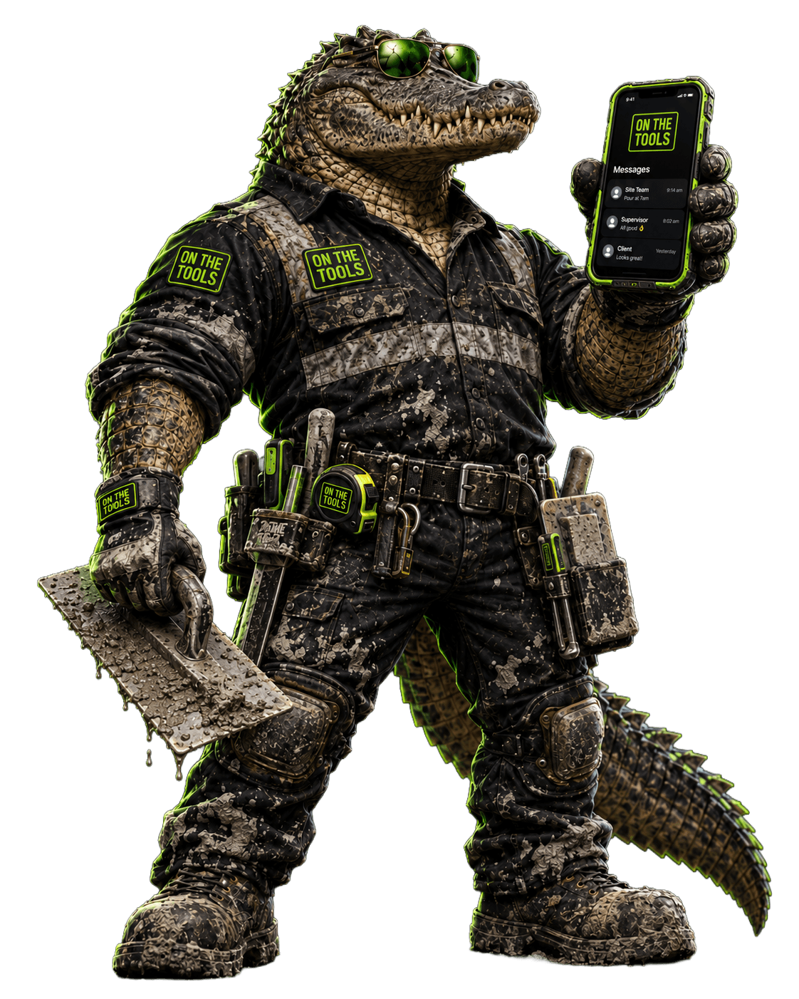 On The Tools concreter crocodile character in workwear