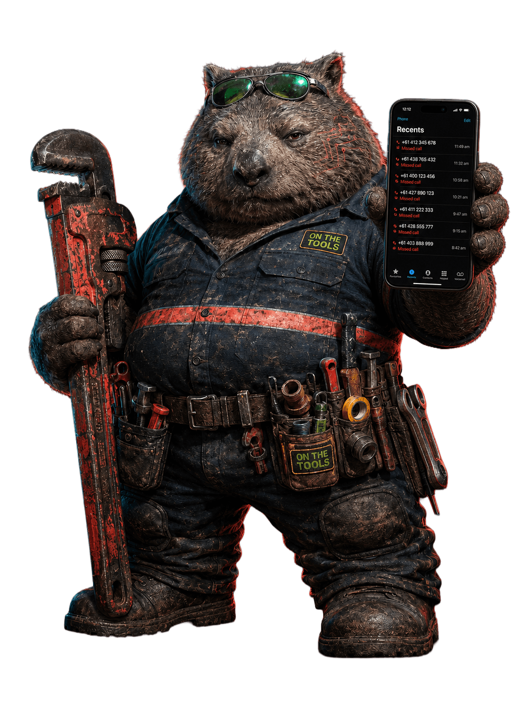 Wombat mascot holding a phone showing virtual receptionist SMS text back from On The Tools