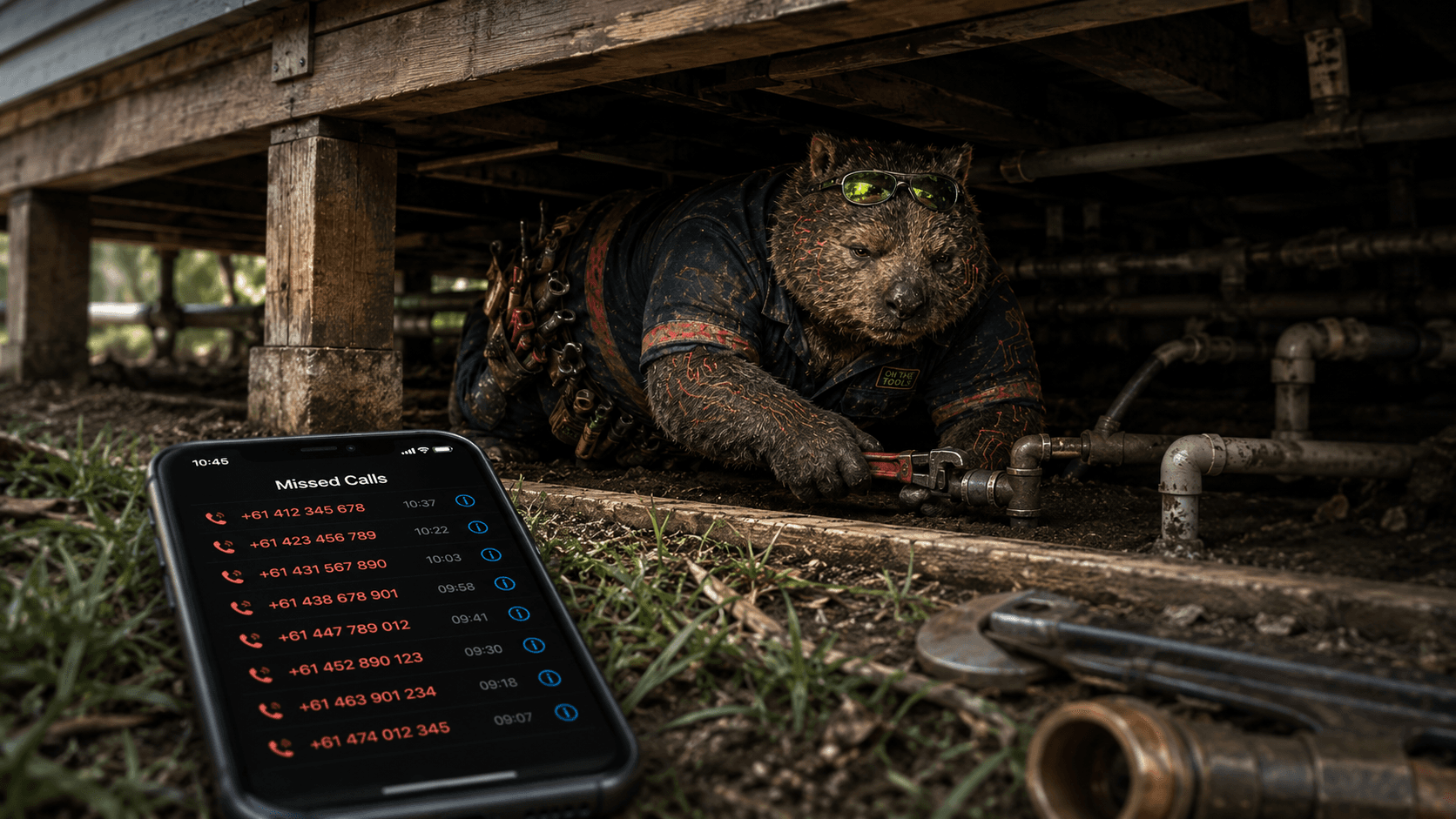 Mudguts the plumber under a house working on pipes while missed calls stack up